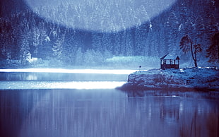 snow covered house beside body of water