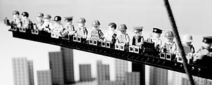 Lego Lunch Atop a Skyscraper wallpaper, LEGO, monochrome, toys