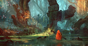 person wearing red hooded jacket digital game wallpaper, forest clearing, vines, reflection, red