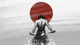 Samurai holding two swords with Japanese Flag background