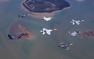 assorted-color jet lot, McDonnell Douglas F-15 Eagle, General Dynamics F-16 Fighting Falcon, McDonnell Douglas F/A-18 Hornet, Dassault Mirage 2000N