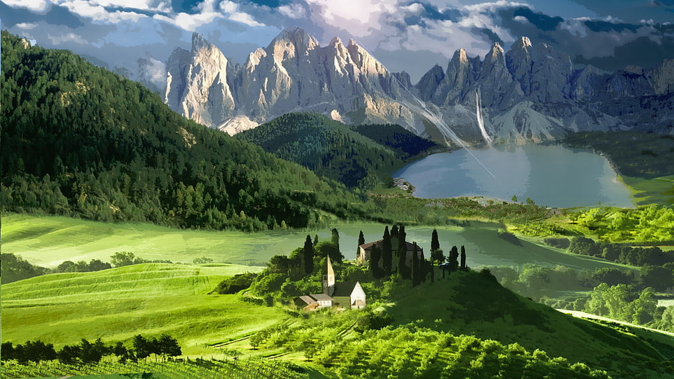 house surrounded by trees painting, landscape HD wallpaper