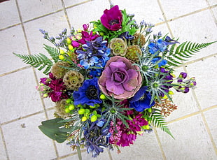 purple blue and green flowers