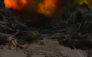black mountain illustration, The Elder Scrolls V: Skyrim, ENB, valley, video games