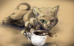 brown cat holding cup painting, artwork, cat, animals, cup HD wallpaper