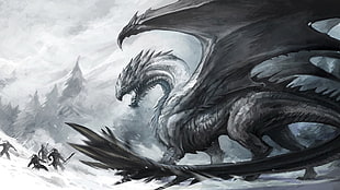 gray dragon illustration, fantasy art, dragon, snow