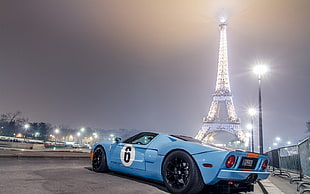 blue racing car, Ford GT, car, Eiffel Tower, Paris