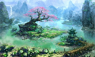 pink leafed tree on lake painting, artwork, fantasy art, trees, Asian architecture