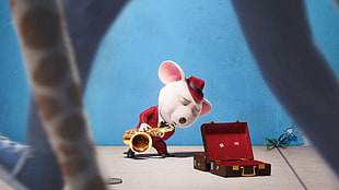 white cartoon character using saxophone