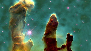 green and brown clouds illustration, Pillars of Creation, space, nebula, space art