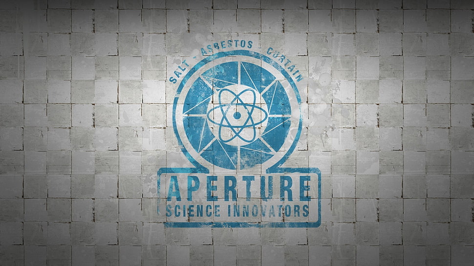 Aperture Science Innovators logo on white wall HD wallpaper