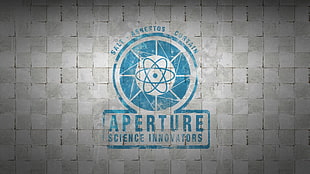 Aperture Science Innovators logo on white wall HD wallpaper