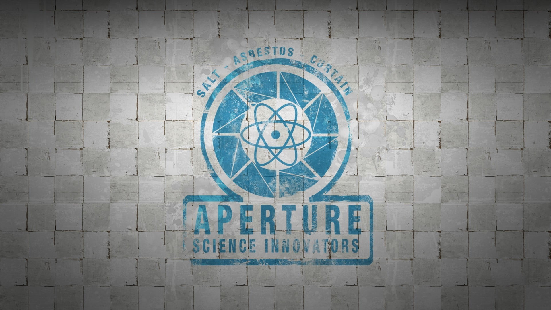 Aperture Science Innovators logo on white wall