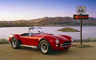 red convertible car, USA, road, Route 66, old car HD wallpaper