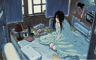black haired female anime character sitting on bed covering with blanket