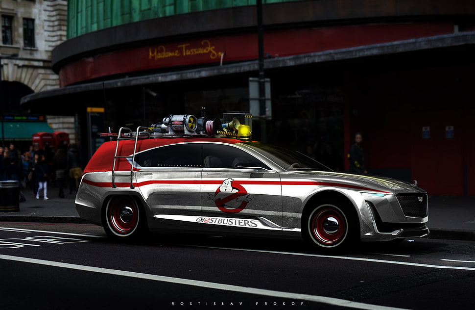silver and red Ghost busters-printed station wagon, car, futuristic, digital art, engines HD wallpaper