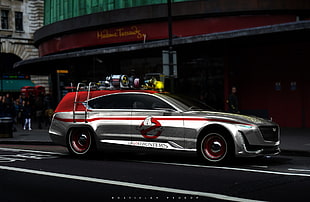 silver and red Ghost busters-printed station wagon, car, futuristic, digital art, engines