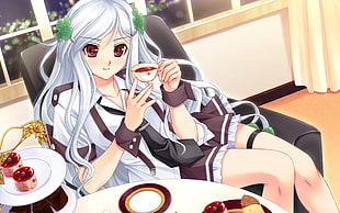 white hair anime girl in white and brown dress drinking tea