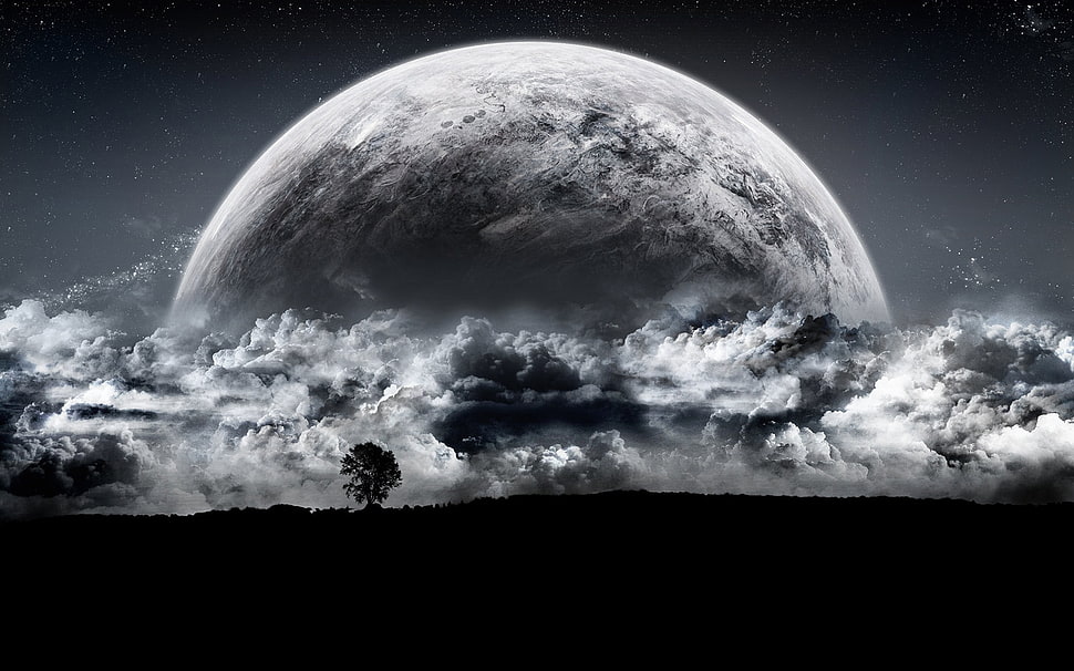 gray and black half moon and clouds photo HD wallpaper