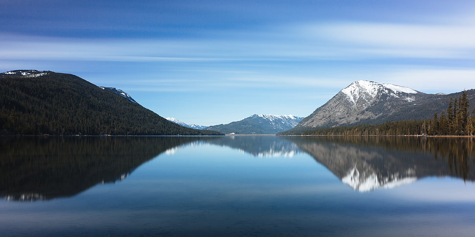 landscape photo of snow-capped mountain and lake during daytime HD wallpaper