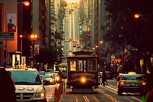 black train, road, cityscape, tram