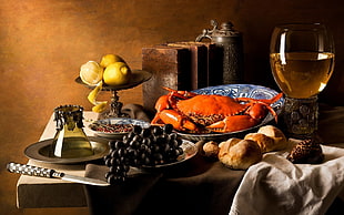 grapes, crab with bread and citrus