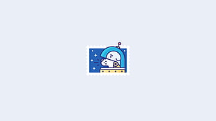 white dog astronaut illustration, graphic design, blue background, stamps, space