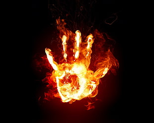 hand covered with flame graphic, fire, hands, handprints, digital art HD wallpaper
