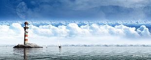 photo of white and red lighthouse surrounded with body of water, artwork, landscape, clouds, lighthouse