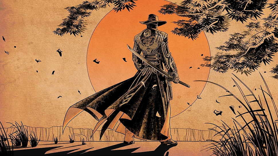 man holding sword painting, sunset, samurai, sword, anime HD wallpaper