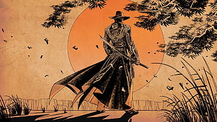 man holding sword painting, sunset, samurai, sword, anime