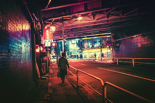 person walking sidewalk at night, Japan, night, neon, Masashi Wakui