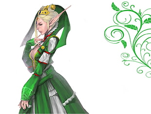 elf anime character in green and white dress with grey hair digital wallpaper