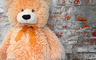 life-sized orange Teddy bear on brick wall
