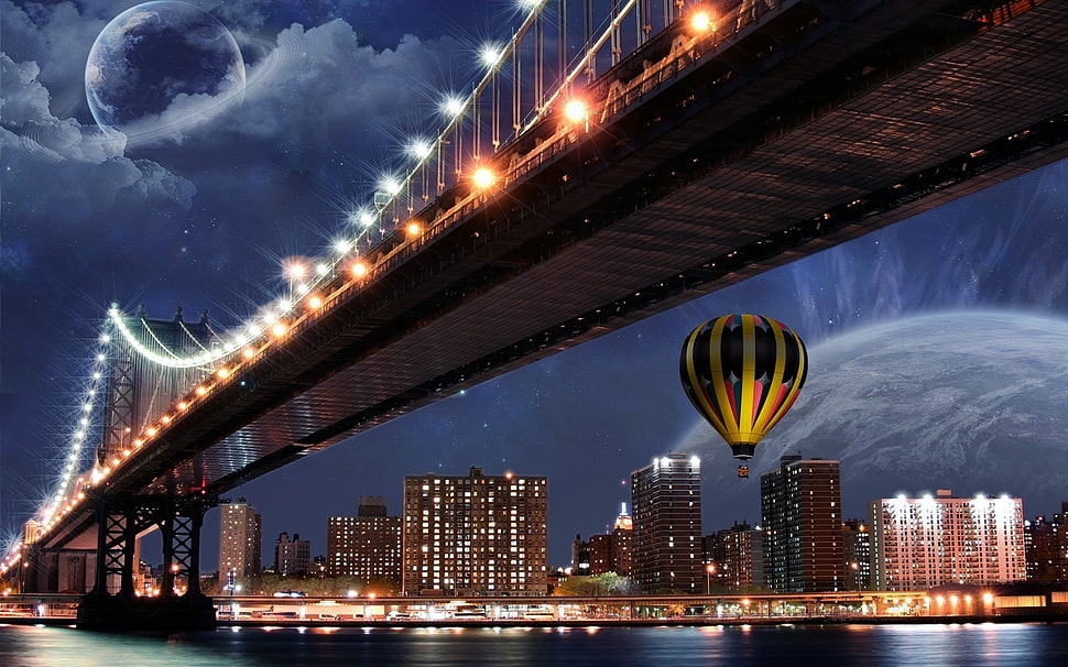 yellow and red hot air balloon, planet, bridge, hot air balloons, cityscape HD wallpaper