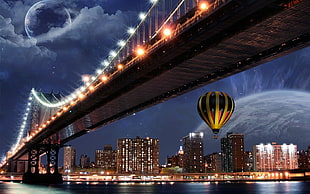 yellow and red hot air balloon, planet, bridge, hot air balloons, cityscape