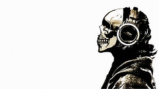 skull wearing headphones artwork, skull, headphones, music, skeleton