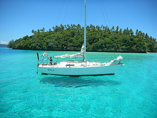 white boat floating in clear body of water near island during day time