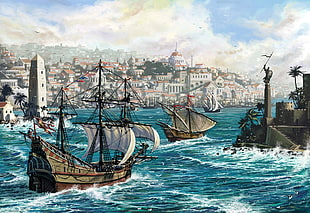 galleon ships on body of water painting, sea, ship, boat, sailing ship