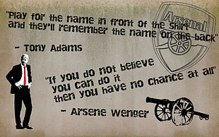 men;s black formal suit jacket with text overlay, Arsenal, Arsene Wenger, quote, Tony Adams HD wallpaper