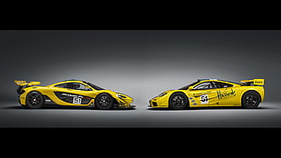 two yellow sports cars, McLaren P1 GTR, McLaren F1 GTR, car