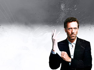 men's black notched lapel blazer, House, M.D., gloves, actor, Hugh Laurie HD wallpaper