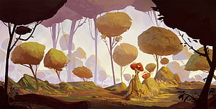 tree and rock digital wallpaper, fairy tale, forest, cartoon