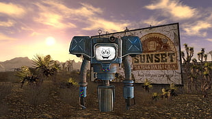gray CRT TV robot near Sunset road signage illustration