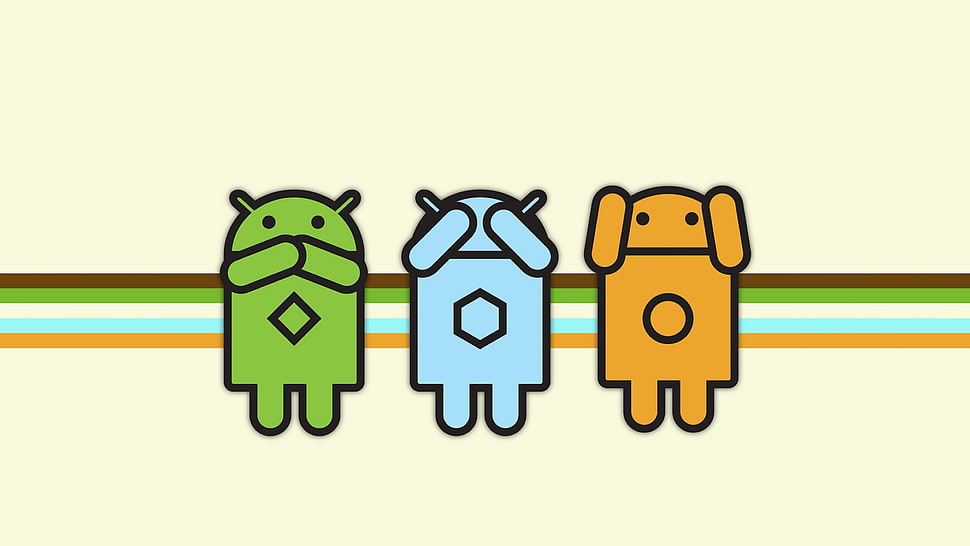 three green, teal and orange android logo illustration HD wallpaper