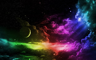 purple, yellow, and green clouds with full moon digital wallpaper, space, stars, planet, colorful