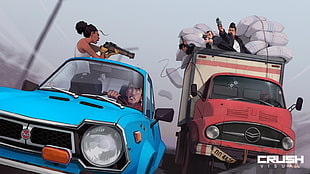 woman holding a shotgun standing on blue car chasing by red truck with man standing holding guns