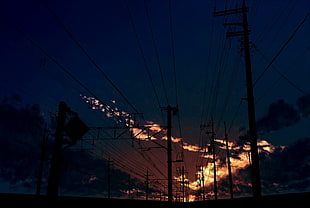 selective-focus photography, sunset, anime, night, railway