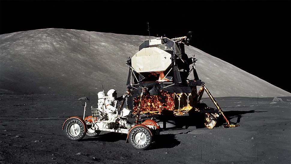 red and gray cart, Moon, space, astronaut, Apollo HD wallpaper