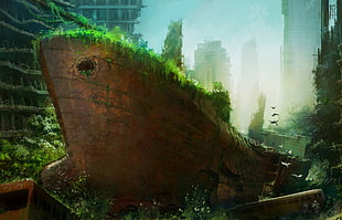 brown broken ship painting, artwork, apocalyptic HD wallpaper